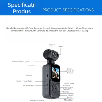 Camera de acțiune portabilă pentru exterior Q5, stabilizare anti tremur, video 2K, stocare pe card TF, autonomie baterie 5–6 ore