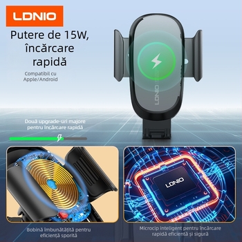 Ldnio suport auto pentru telefon cu încărcare wireless 15W, ventuză, universal