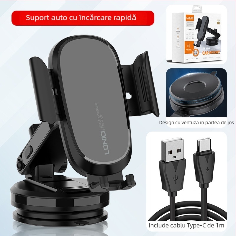 Ldnio suport auto pentru telefon cu încărcare wireless 15W, ventuză, universal