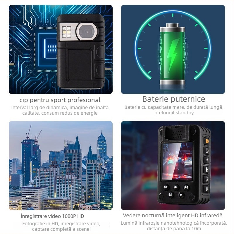 Înregistrator profesional de securitate cu vedere de noapte HD, purtat pe piept, senzor CMOS 1080p, baterie 9–11 ore, stocare MicroSD, microfon stereo