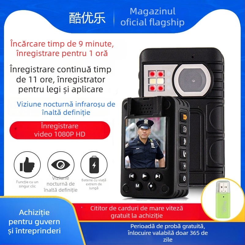 Înregistrator profesional de securitate cu vedere de noapte HD, purtat pe piept, senzor CMOS 1080p, baterie 9–11 ore, stocare MicroSD, microfon stereo