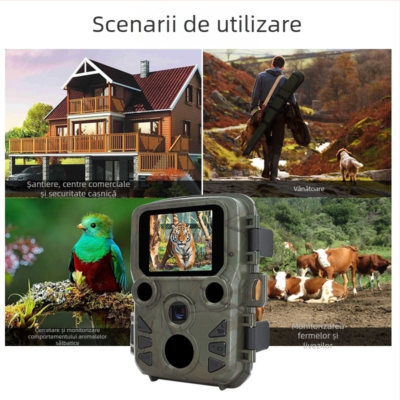Cameră infraroșu mini pentru exterior, securitate, senzor 12MP, afișaj LCD de 2,0 inch, stocare TF, carcasă ABS+metal, garanție de 1 an