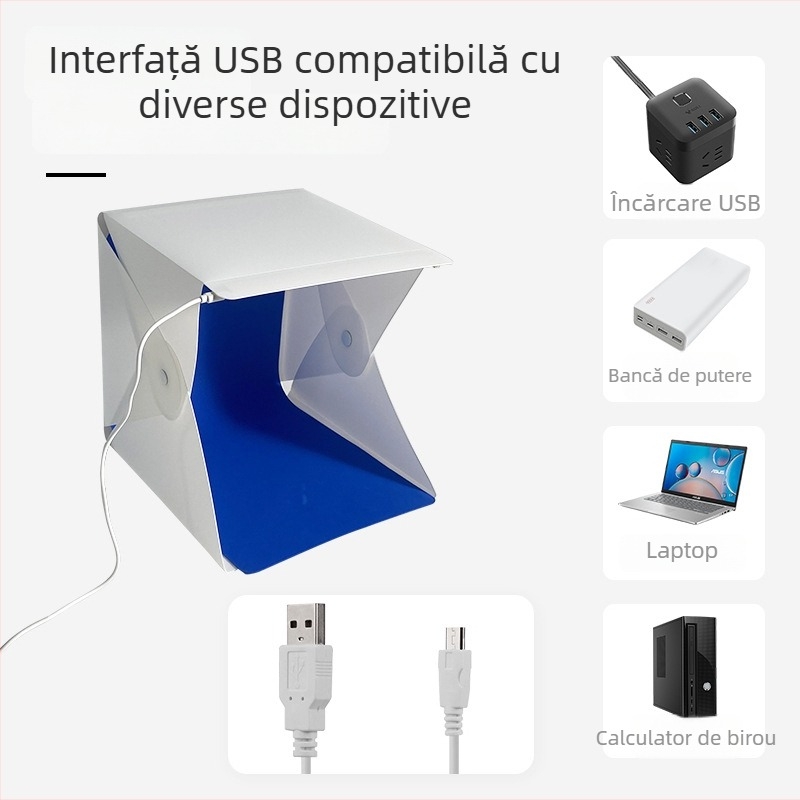 Softbox de studio compact cu iluminare LED, alimentare USB, carcasă din plastic ecologic pentru fotografie personală