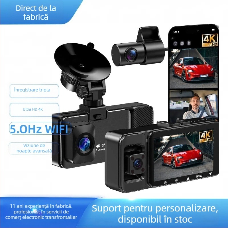 Dash cam cu trei lentile, înregistrare 4K, vizibilitate nocturnă îmbunătățită, conectivitate Wi‑Fi prin aplicație și vizualizare traseu GPS