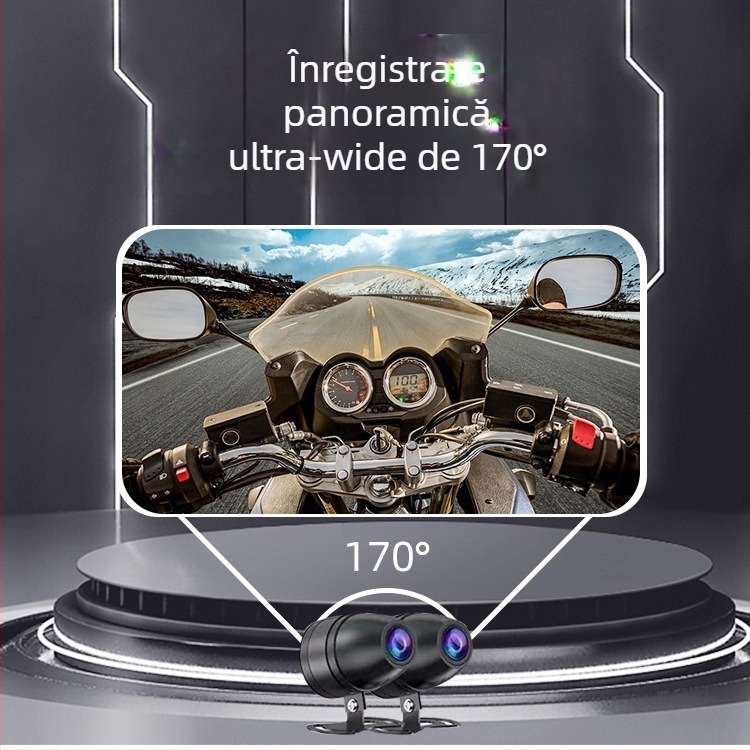 Camera pentru motocicletă cu CarPlay, înregistrare față-spate — model P-528Z, unghi de vizualizare 170°, 5MP, stocare 64GB, montaj pe ghidon