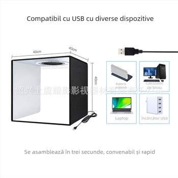 Kit foto LED mic pentru studio, cadru pliabil, construcție poliester, include studio și panou de fundal