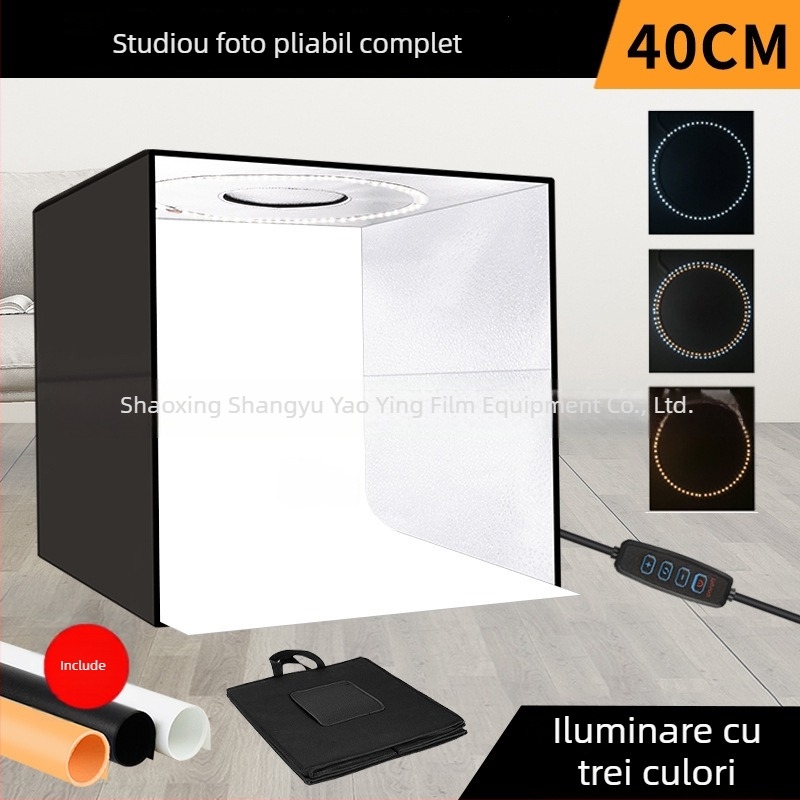 Kit foto LED mic pentru studio, cadru pliabil, construcție poliester, include studio și panou de fundal