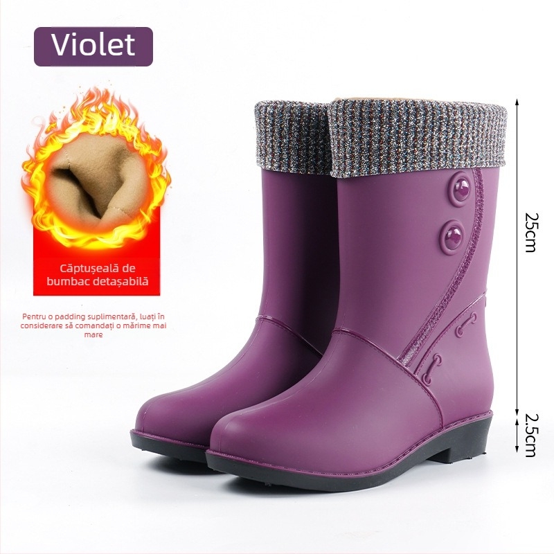 Ghete de ploaie pentru femei, cu căptușeală din fleece, înălțime medie, impermeabile și antiderapante
