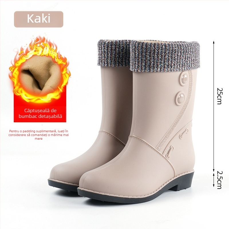 Ghete de ploaie pentru femei, cu căptușeală din fleece, înălțime medie, impermeabile și antiderapante