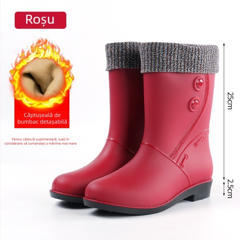 Ghete de ploaie pentru femei, cu căptușeală din fleece, înălțime medie, impermeabile și antiderapante
