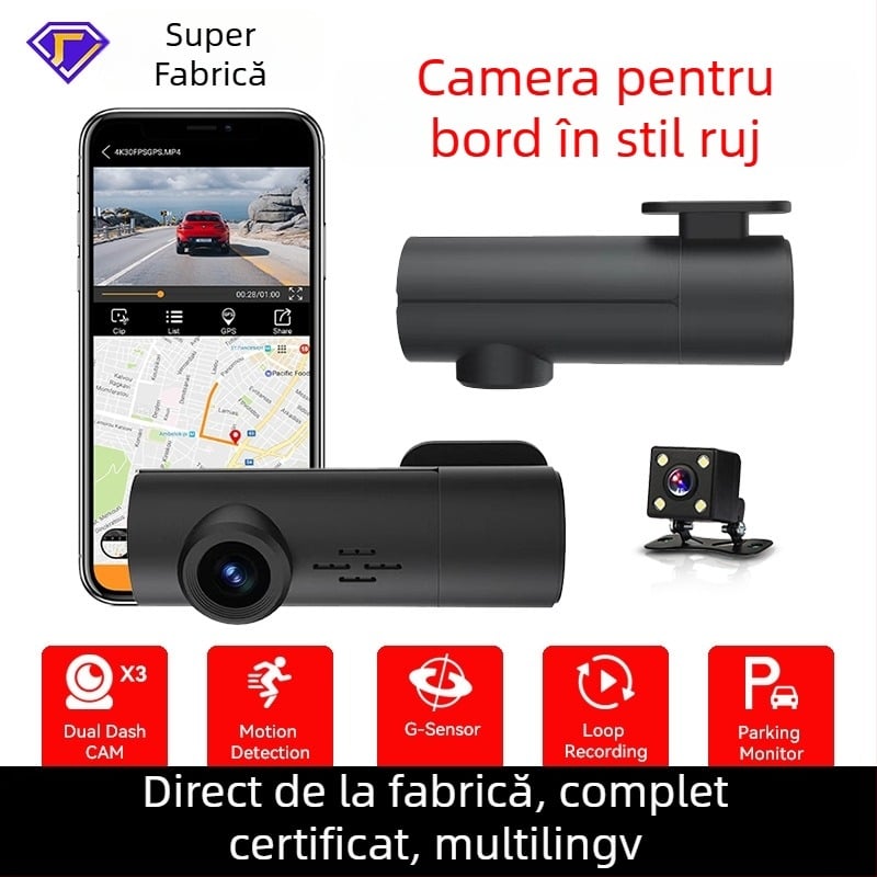 Cameră DVR auto cu Wi-Fi, 1080p, unghi de 170°, înregistrare ciclică, card TF