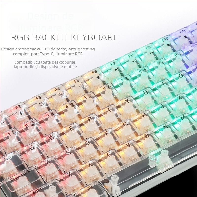 Tastatură mecanică cu 100 de taste, capace de taste transparente, iluminare RGB, acceptă switchuri mecanice personalizate.