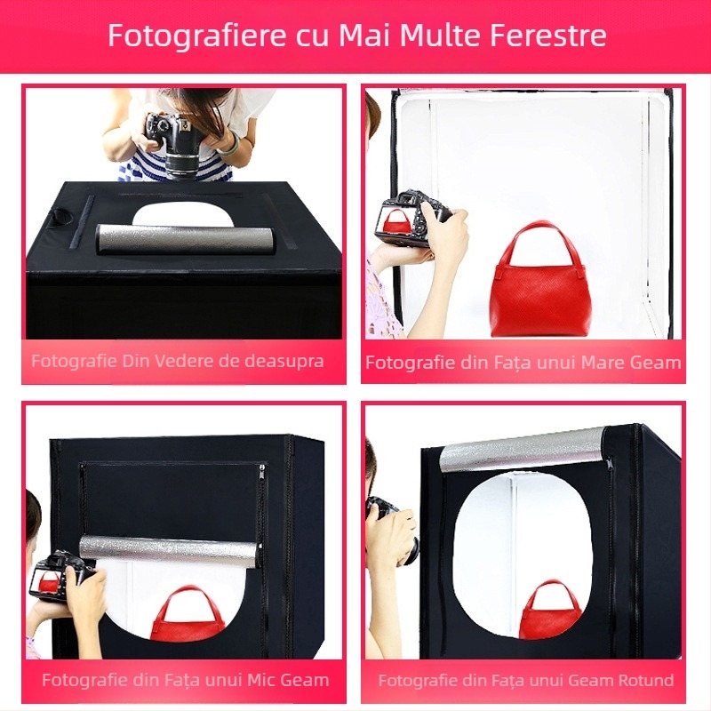 Set portabil de studio foto cu patru panouri LED reglabile, exterior Oxford și interior reflexiv, asamblare în 30 de secunde, tensiune 100–240V, greutate 8,1 kg