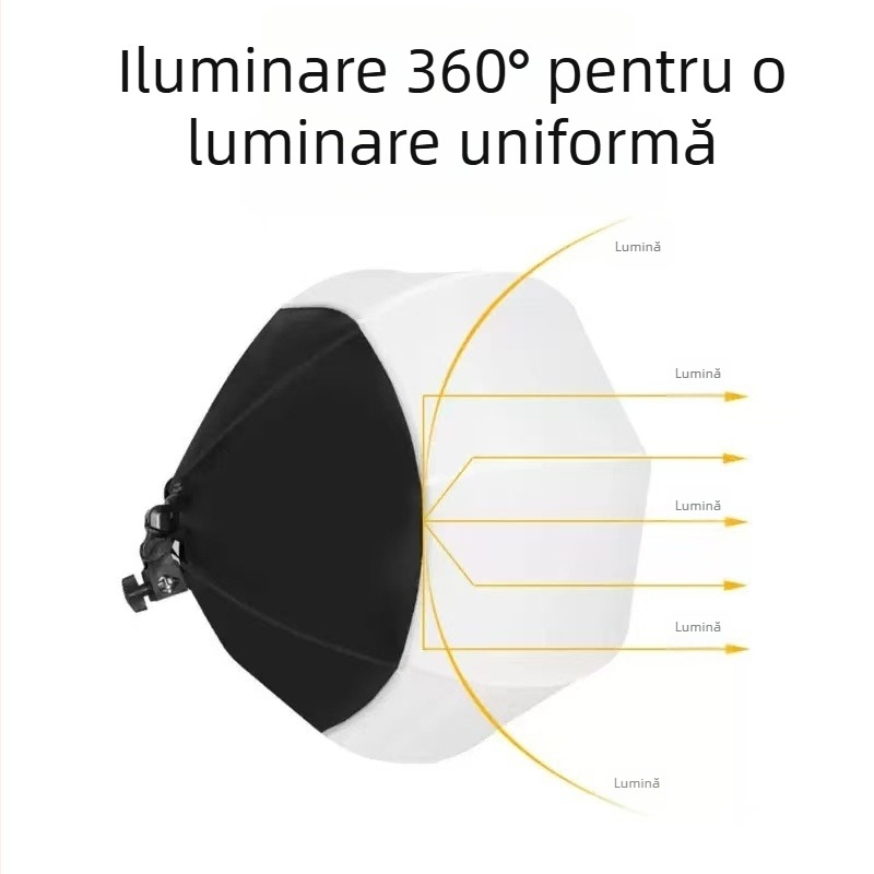 Difuzor de lumină moale, model sferic cu priză E27; construcție din nailon, metal și plastic, pentru fotografie profesională