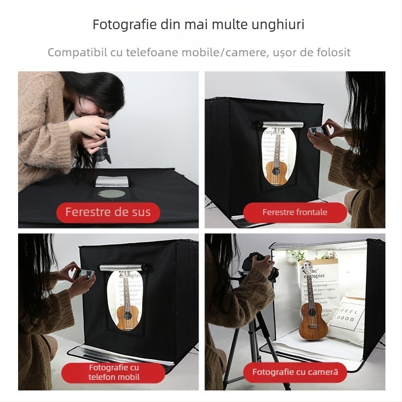 RETENG mini studio cu iluminare LED reglabilă; un studio de fotografiat pliabil și portabil; Materiale: placă LED din poliester; Dimensiuni: 40×40×40 cm; Greutate: 2,8 kg.