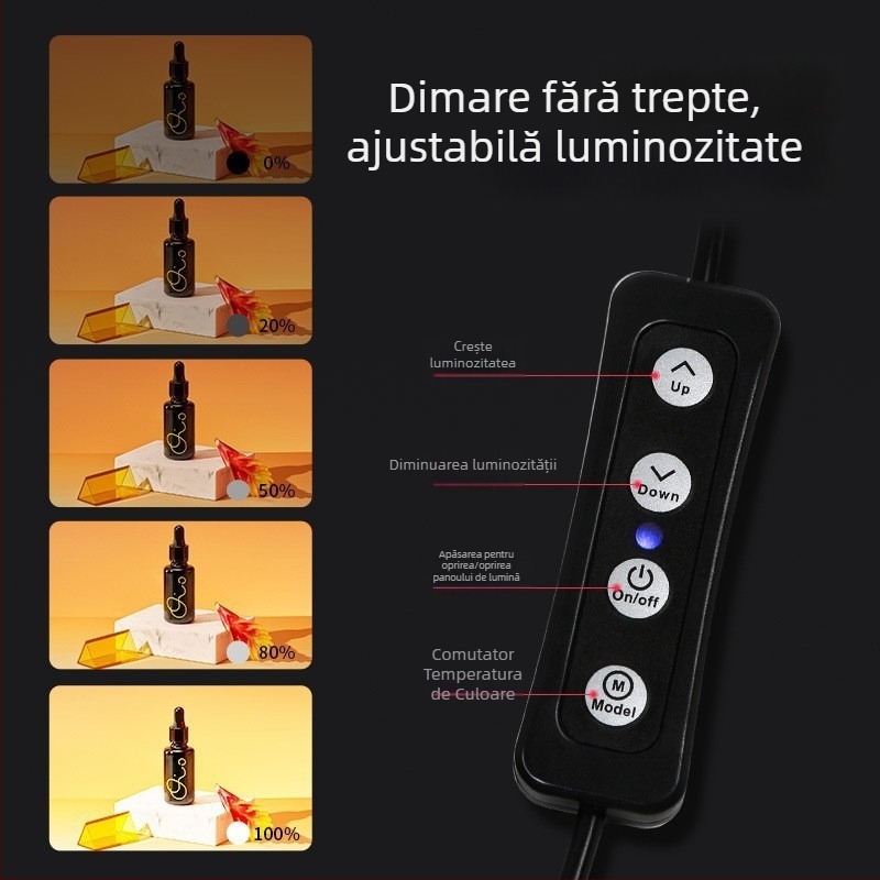 RETENG mini studio cu iluminare LED reglabilă; un studio de fotografiat pliabil și portabil; Materiale: placă LED din poliester; Dimensiuni: 40×40×40 cm; Greutate: 2,8 kg.