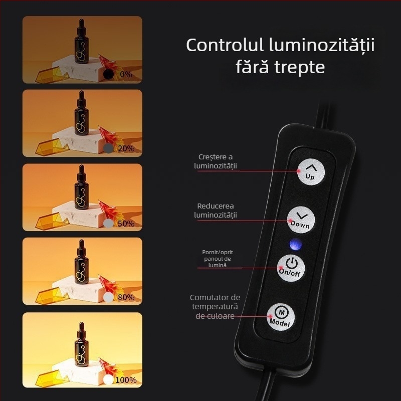 Mini studio foto; cutie de iluminat portabilă, pliabilă, cu cinci fețe; panou LED circular; material: poliester + panou LED; două temperaturi de culoare