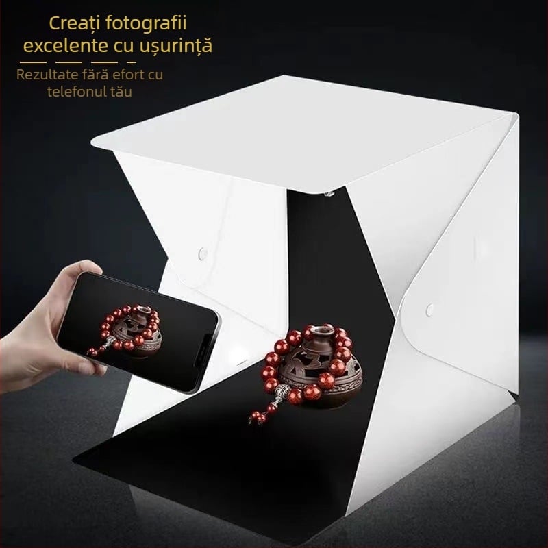 Cutie de iluminat fotografic compactă pentru fotografierea produselor, studio mic fără umbre pentru bijuterii și figurine mici, operare manuală.