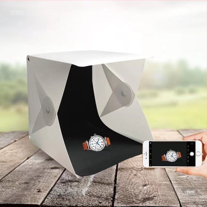Cutie de iluminat fotografic compactă pentru fotografierea produselor, studio mic fără umbre pentru bijuterii și figurine mici, operare manuală.