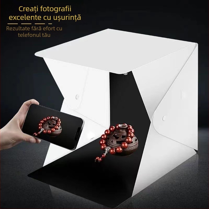 Cutie de iluminat fotografic compactă pentru fotografierea produselor, studio mic fără umbre pentru bijuterii și figurine mici, operare manuală.