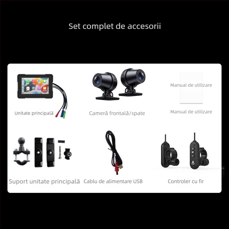 Camera CarPlay pentru motocicletă, de 5 inch, înregistrare față–spate și monitorizare a presiunii pneurilor