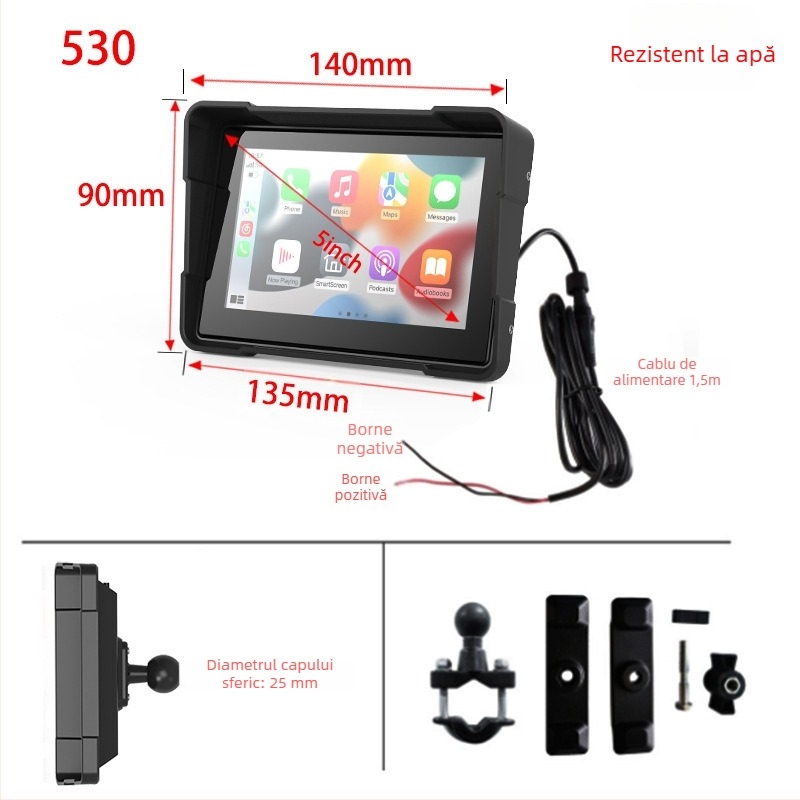 Camera CarPlay pentru motocicletă, de 5 inch, înregistrare față–spate și monitorizare a presiunii pneurilor