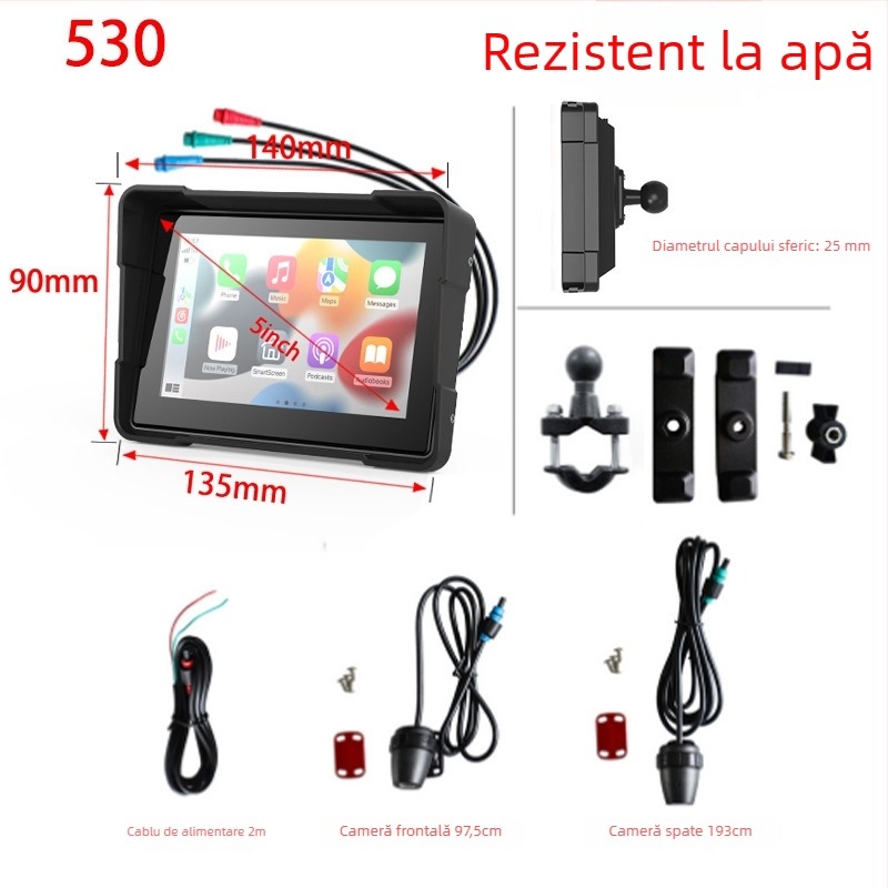 Camera CarPlay pentru motocicletă, de 5 inch, înregistrare față–spate și monitorizare a presiunii pneurilor