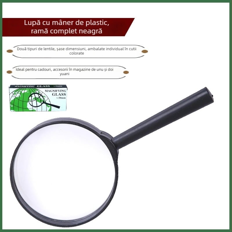 Lupă optic cu mâner din plastic, mâner drept, cadru negru, lentilă din sticlă-rășină