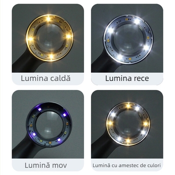Lupă de mână cu mărire 30×, iluminare LED cu 4 culori, reîncărcabilă, pentru bijuterii vechi, caligrafie și pictură, colecții tutun și vin