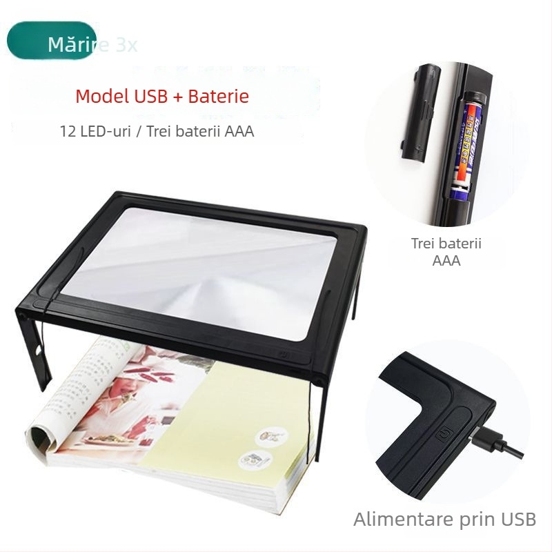 Lupă multifuncțională de birou și de gât, cu 12 LED-uri, mărire 3x, pentru citirea persoanelor în vârstă