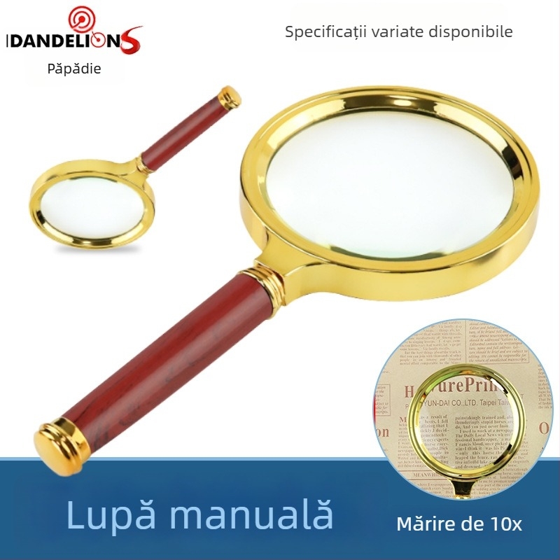 Lupa de mână cu mâner din mahon imitativ, 10x mărire, pentru citire la vârstnici și identificarea jadului
