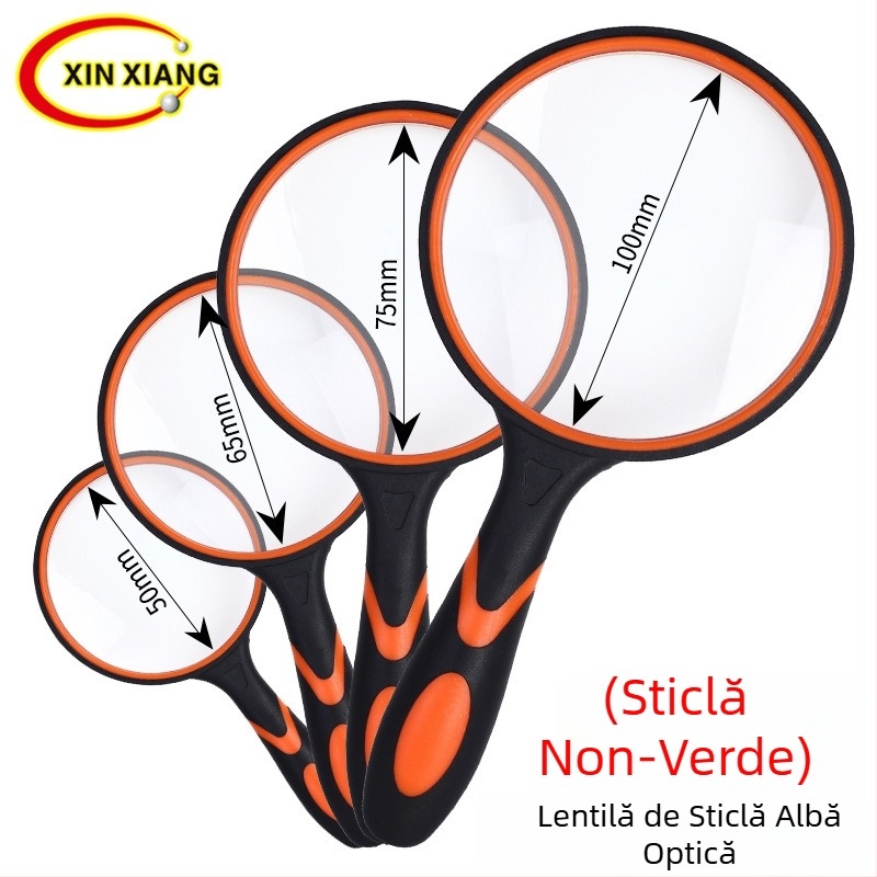 Lupa de mână cu lentilă din sticlă optic, mâner din cauciuc, 10x mărire