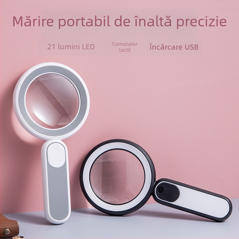 BIJIA 7719 Lupa portabilă cu LED, 21 LED-uri – iluminare rece/ Caldă, Încărcare USB, Comutator tactil, Lupa de mână pentru citire