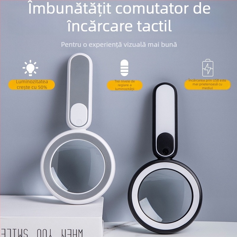 BIJIA 7719 Lupa portabilă cu LED, 21 LED-uri – iluminare rece/ Caldă, Încărcare USB, Comutator tactil, Lupa de mână pentru citire