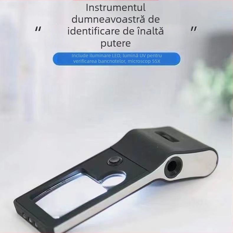 Lupă cu LED iluminat, cu trei trepte de mărire, pentru verificarea portabilă a bancnotelor
