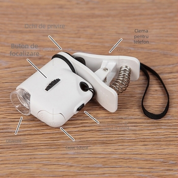 Microscop clip-on pentru telefoane mobile, 55x mărire, iluminare LED, identificare bijuterii și jad