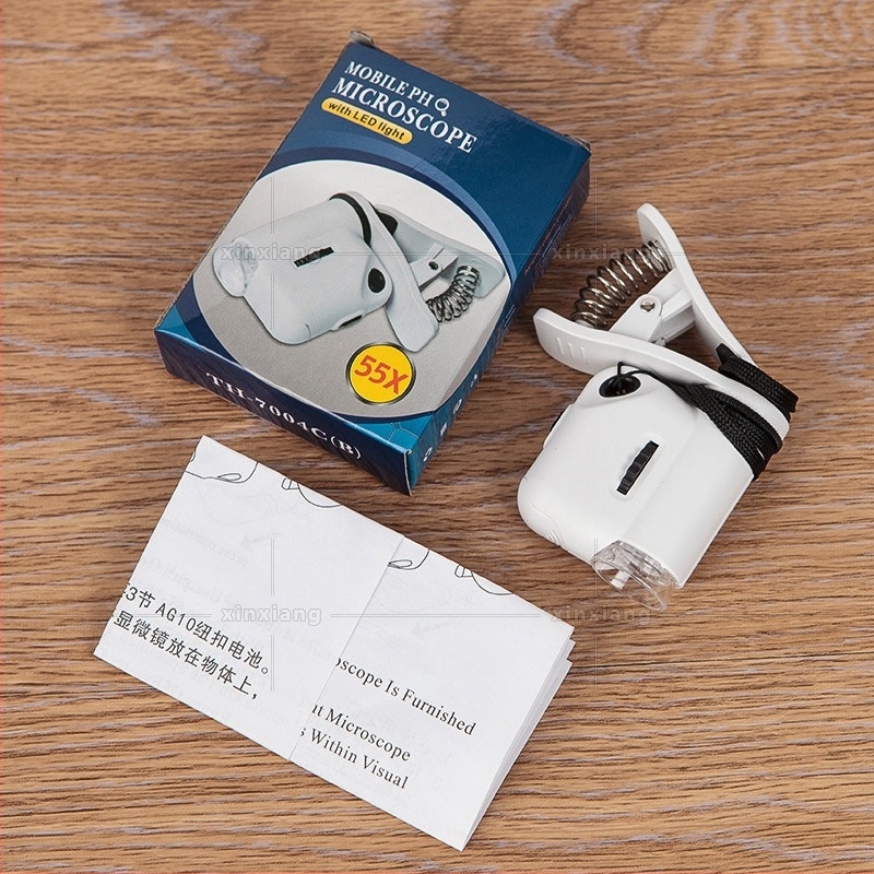 Microscop clip-on pentru telefoane mobile, 55x mărire, iluminare LED, identificare bijuterii și jad