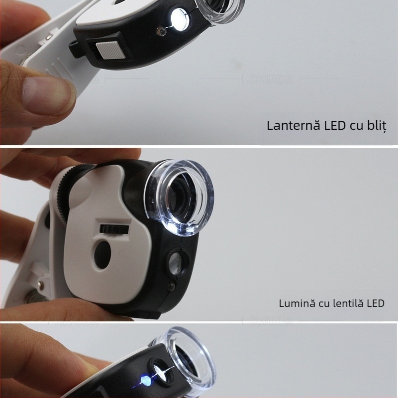 Lupa de mână 55x cu 3 LED, model 7004DB, ABS și lentile acrilice, pentru verificarea bancnotelor, bijuteriilor și antichităților