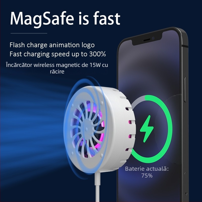 Încărcător wireless magnetic cu răcire și lumină ambientală, 15W maxim, încărcare rapidă Type-C, QC3.0