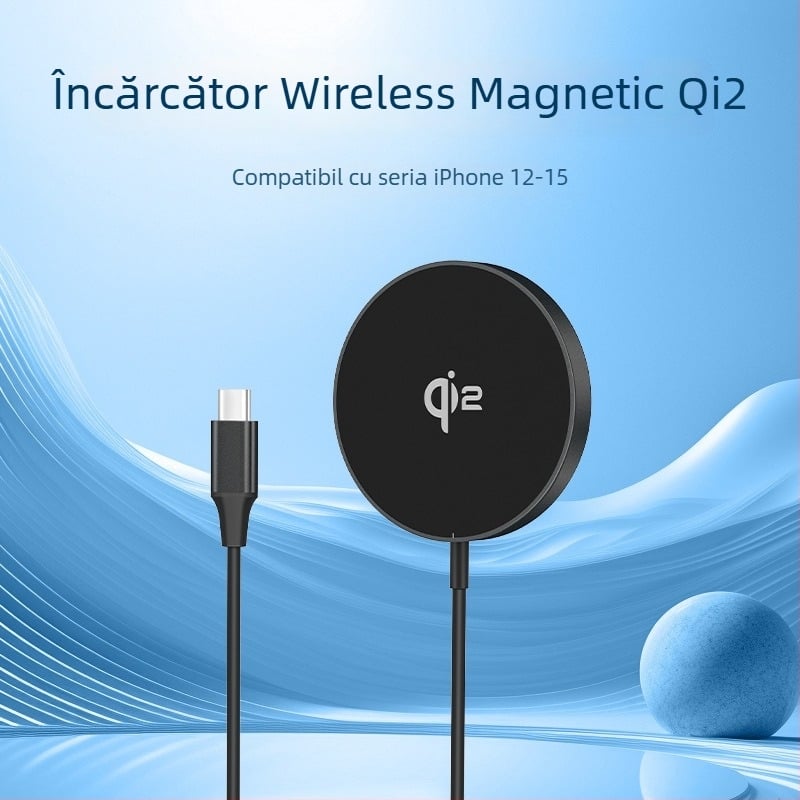 Încărcător wireless magnetic pentru Apple MagSafe, ieșire 15W, QC3.0, curent 2A, certificat Qi2-MPP