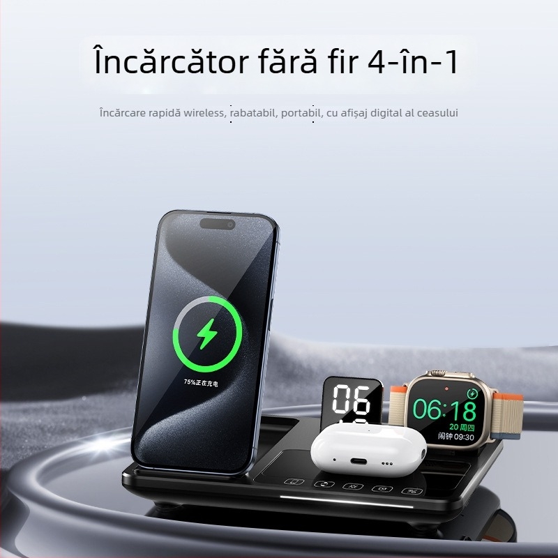 Stand de încărcare wireless pliabil pentru telefon – putere totală 30W, 15W pentru telefon, încărcare magnetică, afișaj digital
