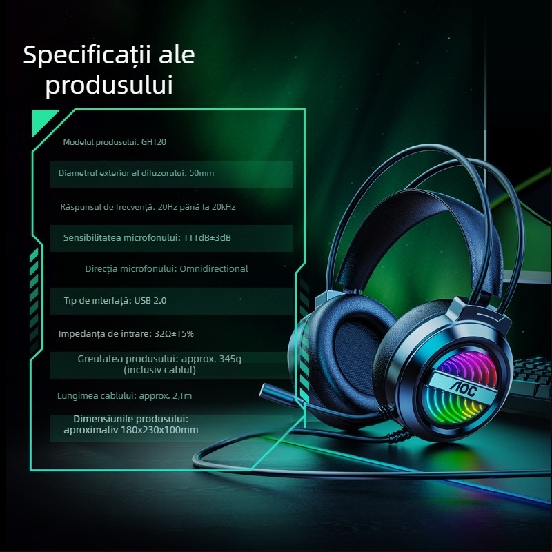 AOC GH120 headset de gaming Esports cu fir USB pentru PC, cu microfon, difuzoare de 40 mm, interval de frecvență 20–20000 Hz, cablu de 2 m