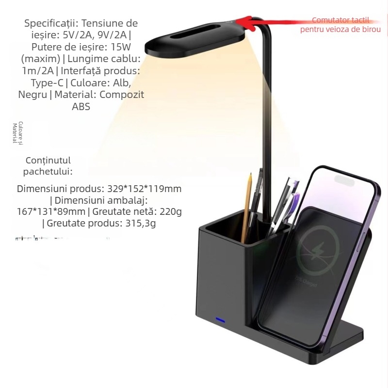 Lampă de birou cu încărcare wireless și suport pentru pix, încărcător Qi 3 în 1, încărcare rapidă 15W
