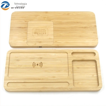Încărcător wireless 3-în-1 pentru birou din bambus, tavă mare, Type-C, 5V intrare/ieșire, 2.1A încărcare, CE