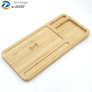 Încărcător wireless 3-în-1 pentru birou din bambus, tavă mare, Type-C, 5V intrare/ieșire, 2.1A încărcare, CE