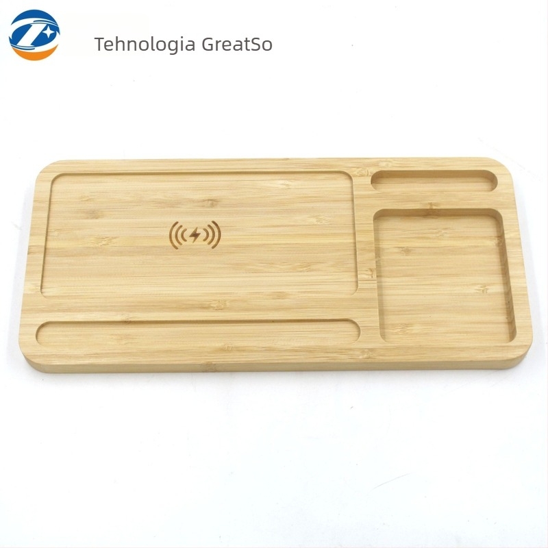 Încărcător wireless 3-în-1 pentru birou din bambus, tavă mare, Type-C, 5V intrare/ieșire, 2.1A încărcare, CE