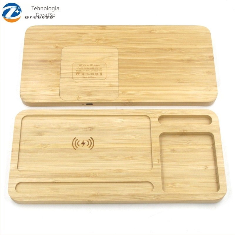 Încărcător wireless 3-în-1 pentru birou din bambus, tavă mare, Type-C, 5V intrare/ieșire, 2.1A încărcare, CE