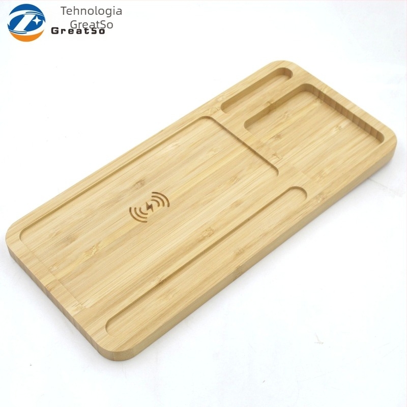 Încărcător wireless 3-în-1 pentru birou din bambus, tavă mare, Type-C, 5V intrare/ieșire, 2.1A încărcare, CE