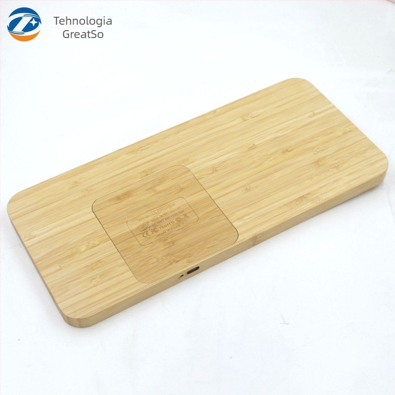 Încărcător wireless 3-în-1 pentru birou din bambus, tavă mare, Type-C, 5V intrare/ieșire, 2.1A încărcare, CE