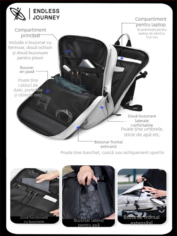 Rucsac de călătorie unisex 36-55L, impermeabil, pentru laptop 16 inch, Oxford